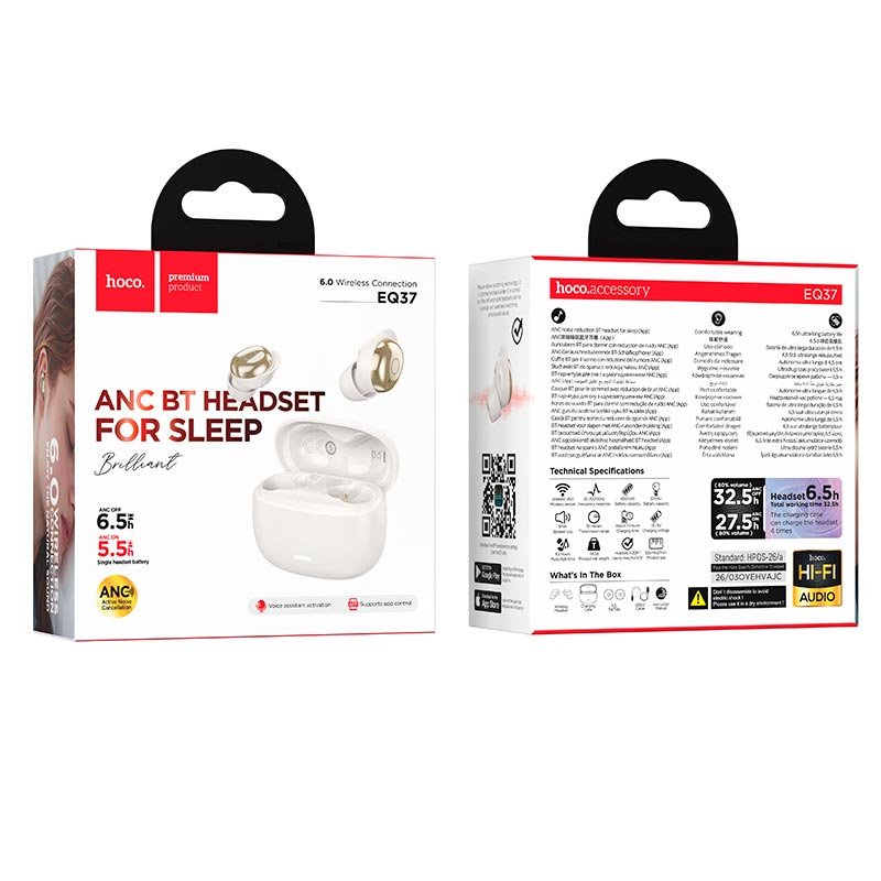 Навушники HOCO Brilliant true wireless ANC BT headset for sleep EQ37 |BT6.0, 6.5h/ANC 5.5h, 37/400mAh, App| white (6942007580905) Білий на малюнкі №10