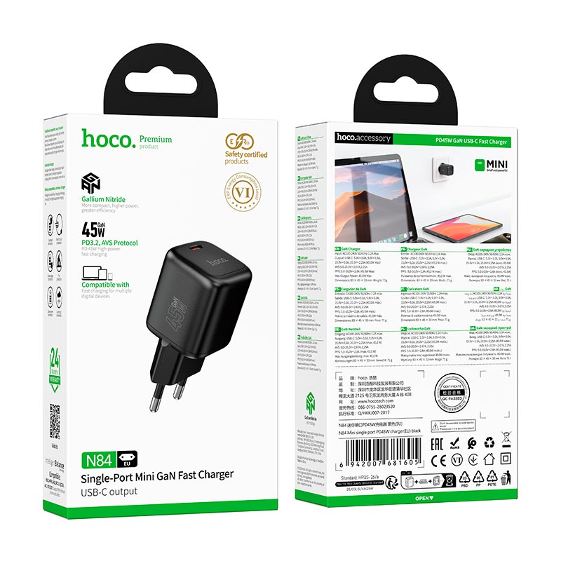 Адаптер сетевой HOCO Mini single port charger N84 |1C, 45W/3A, PD3.2/QC| black (6942007681605) Черный на картинке №3