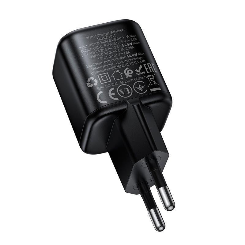 Адаптер сетевой HOCO Mini single port charger N84 |1C, 45W/3A, PD3.2/QC| black (6942007681605) Черный на картинке №7