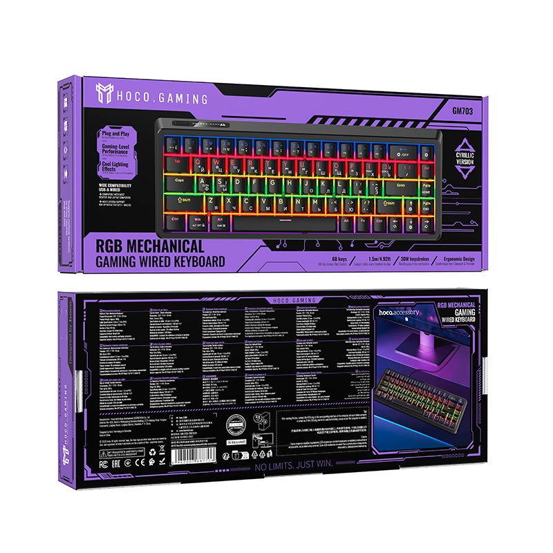 Клавиатура HOCO Rico RGB mechanical gaming keyboard GM703 (Cyrillic version) |Type-C wired, 68 keys, black (6942007687706) Черный на картинке №3