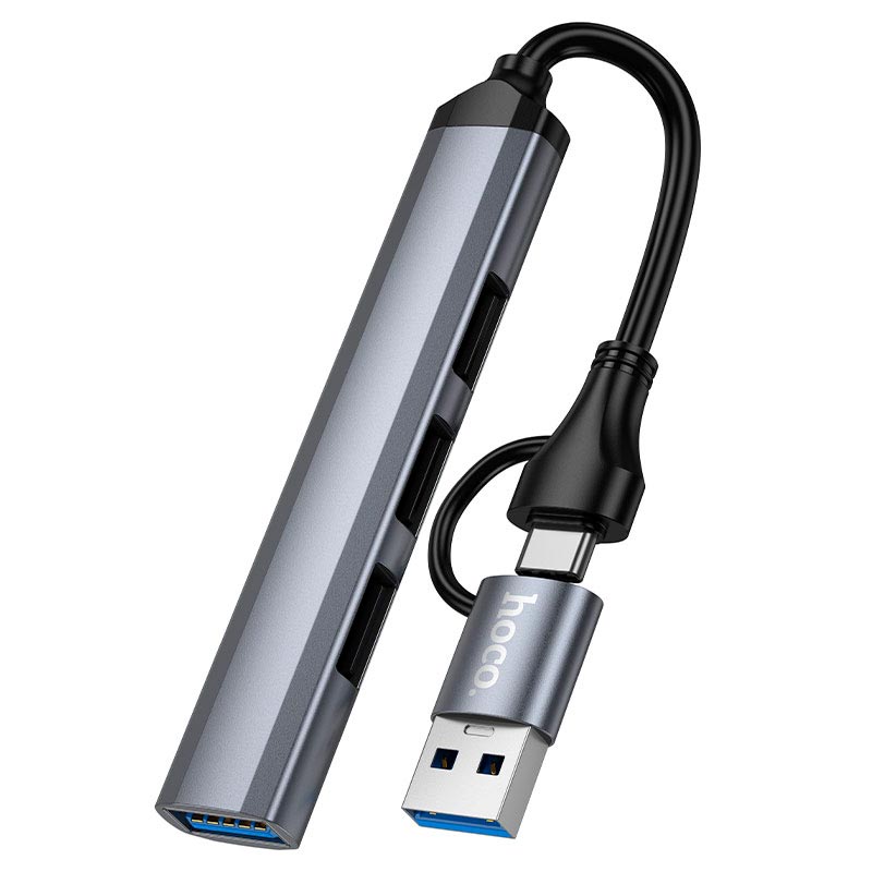 HUB адаптер HOCO USB/Type-C 4-in-1 adapter HB26 |1USB3.0/3USB2.0, 5Gbps, 0.13m| metal-grey (6942007687607) Серый на картинке №1