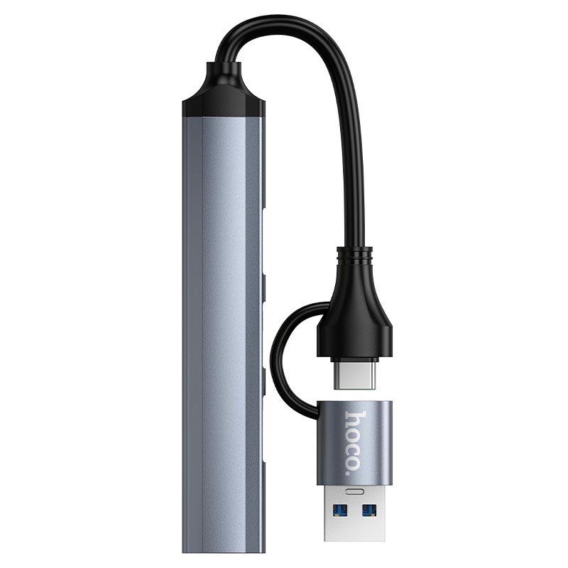 HUB адаптер HOCO USB/Type-C 4-in-1 adapter HB26 |1USB3.0/3USB2.0, 5Gbps, 0.13m| metal-grey (6942007687607) Серый на картинке №4