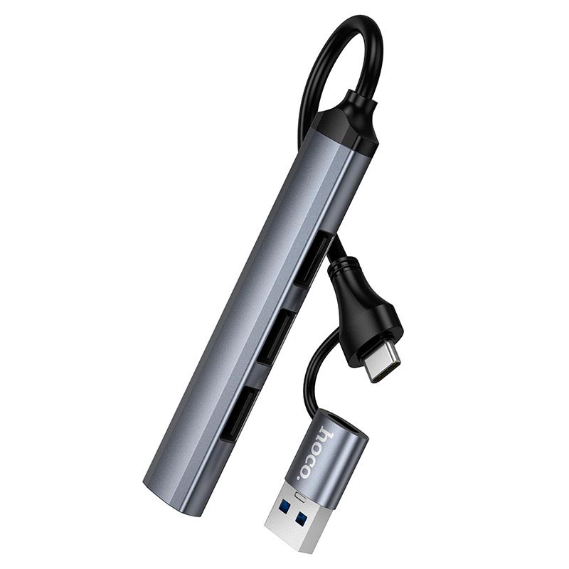 HUB адаптер HOCO USB/Type-C 4-in-1 adapter HB26 |1USB3.0/3USB2.0, 5Gbps, 0.13m| metal-grey (6942007687607) Серый на картинке №5