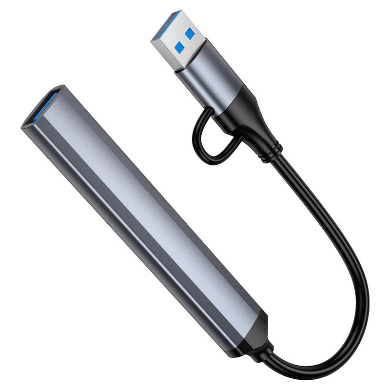 HUB адаптер HOCO USB/Type-C 4-in-1 adapter HB26 |1USB3.0/3USB2.0, 5Gbps, 0.13m| metal-grey (6942007687607) Серый на картинке №6