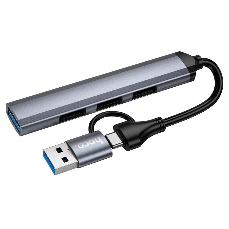 HUB адаптер HOCO USB/Type-C 4-in-1 adapter HB26 |1USB3.0/3USB2.0, 5Gbps, 0.13m| metal-grey (6942007687607) Серый на картинке №7