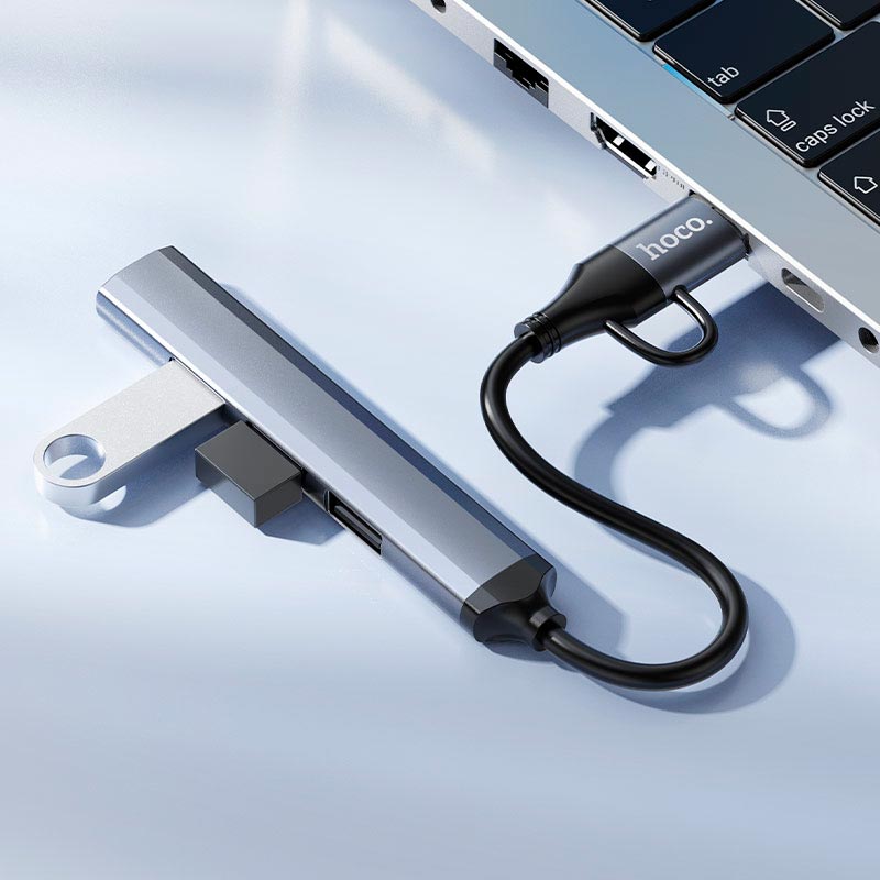 HUB адаптер HOCO USB/Type-C 4-in-1 adapter HB26 |1USB3.0/3USB2.0, 5Gbps, 0.13m| metal-grey (6942007687607) Серый на картинке №8