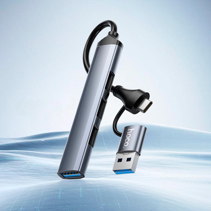 HUB адаптер HOCO USB/Type-C 4-in-1 adapter HB26 |1USB3.0/3USB2.0, 5Gbps, 0.13m| metal-grey (6942007687607) Серый на картинке №9