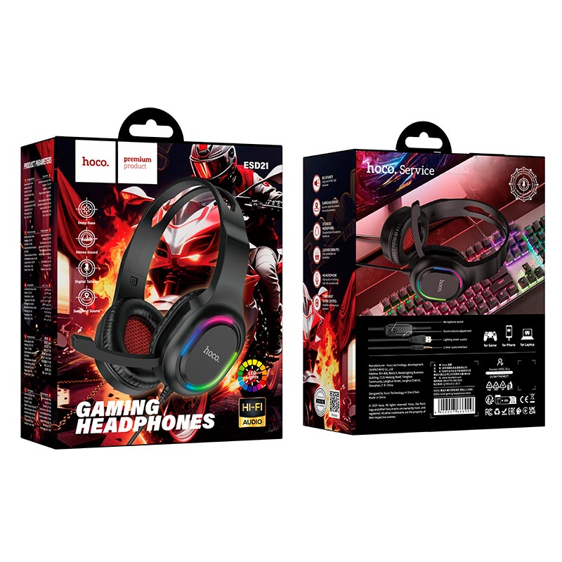 Навушники HOCO Greet gaming headphones ESD21 |USB/3.5mm, 2m, 40mm, colorful light| black (66909) Чорний на малюнкі №3