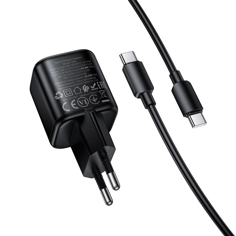 Адаптер сетевой HOCO Mini single port charger C to C cable set N84 |1C, 45W/3A, PD3.2/QC| black (6942007681612) Черный на картинке №10