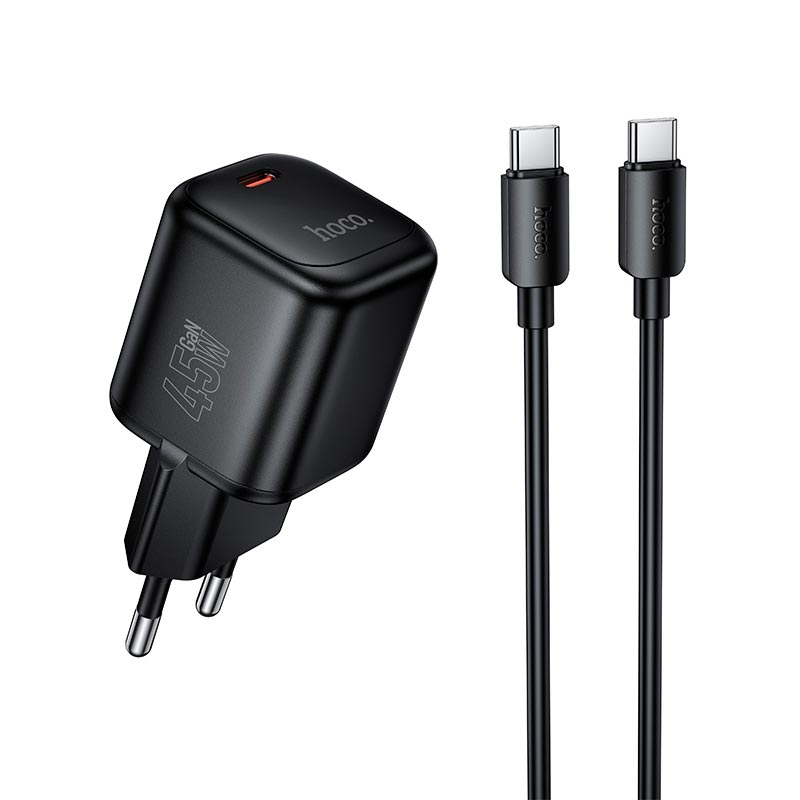 Адаптер сетевой HOCO Mini single port charger C to C cable set N84 |1C, 45W/3A, PD3.2/QC| black (6942007681612) Черный на картинке №2