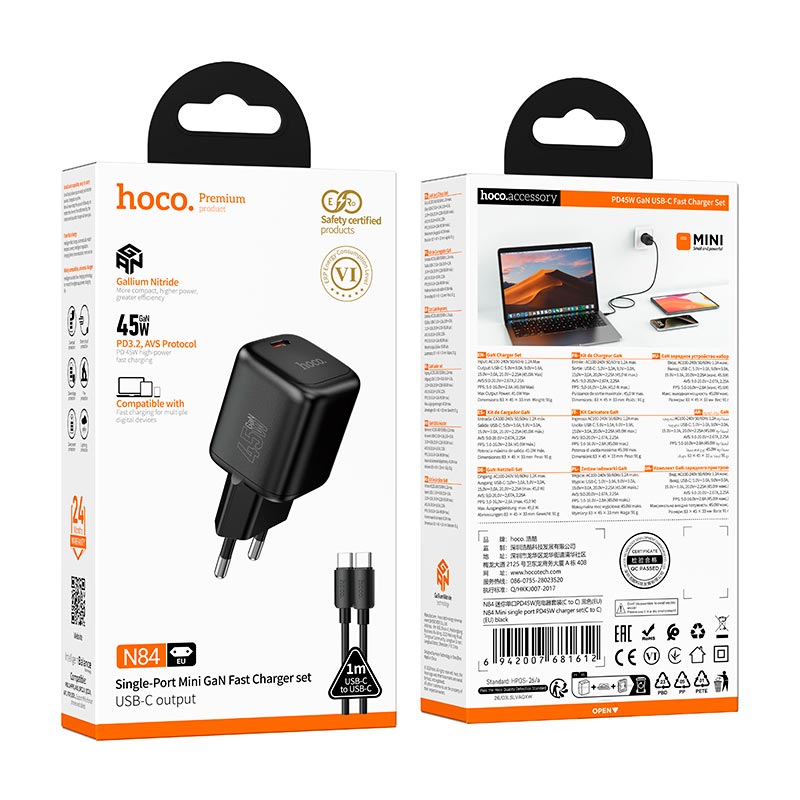 Адаптер сетевой HOCO Mini single port charger C to C cable set N84 |1C, 45W/3A, PD3.2/QC| black (6942007681612) Черный на картинке №3