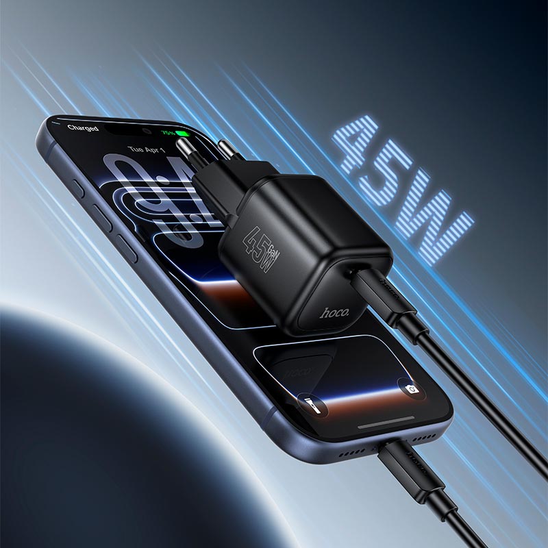 Адаптер сетевой HOCO Mini single port charger C to C cable set N84 |1C, 45W/3A, PD3.2/QC| black (6942007681612) Черный на картинке №5