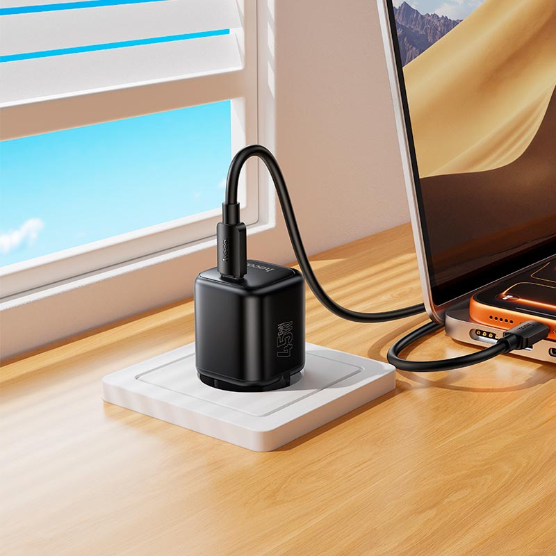 Адаптер сетевой HOCO Mini single port charger C to C cable set N84 |1C, 45W/3A, PD3.2/QC| black (6942007681612) Черный на картинке №7