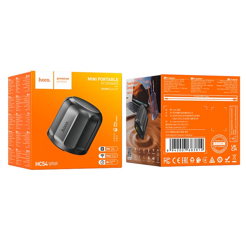 Акустика HOCO Bright BT speaker HC54 IPX4 |BT6.0, 3W, 4h, 500mAh| metal-grey (6942007683814) Серый на картинке №3