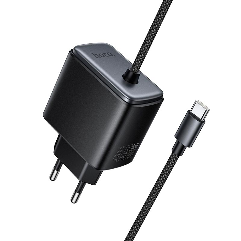 Адаптер мережевий HOCO Priority charger with built-in Type-C cable C165A |45W/3A, PD/PPS/QC, 2m| black (6942007683616) Чорний на малюнкі №1