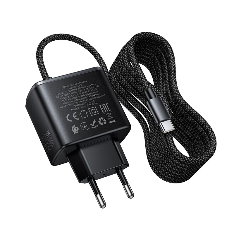 Адаптер мережевий HOCO Priority charger with built-in Type-C cable C165A |45W/3A, PD/PPS/QC, 2m| black (6942007683616) Чорний на малюнкі №8