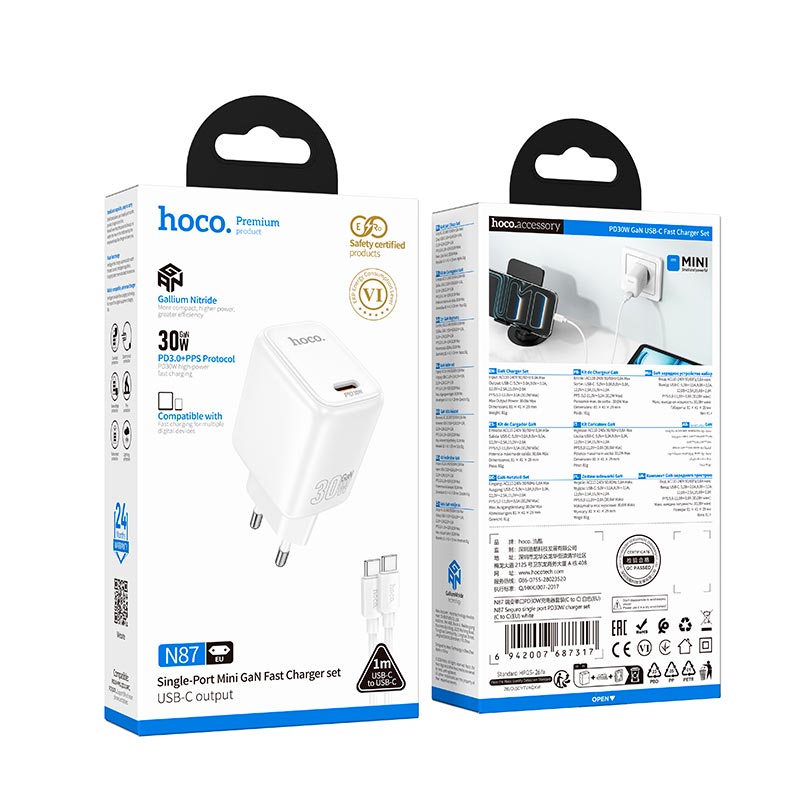 Адаптер мережевий HOCO Seguro single port charger set with cable N87 |1Type-C, PD30W/QC, 3A, C to C 1m| white (6942007687317) Білий на малюнкі №3