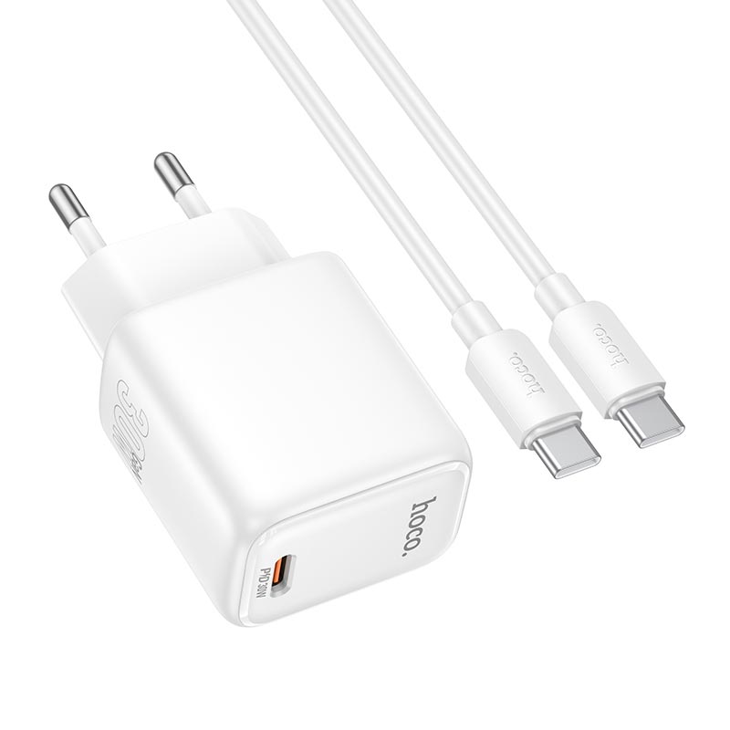 Адаптер мережевий HOCO Seguro single port charger set with cable N87 |1Type-C, PD30W/QC, 3A, C to C 1m| white (6942007687317) Білий на малюнкі №5