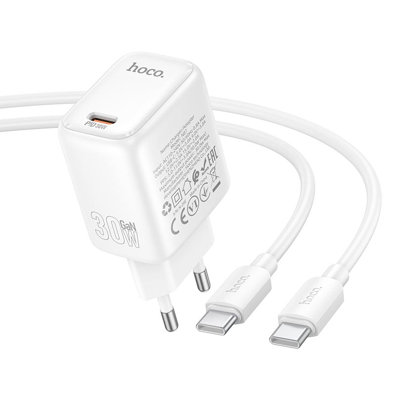 Адаптер мережевий HOCO Seguro single port charger set with cable N87 |1Type-C, PD30W/QC, 3A, C to C 1m| white (6942007687317) Білий на малюнкі №6