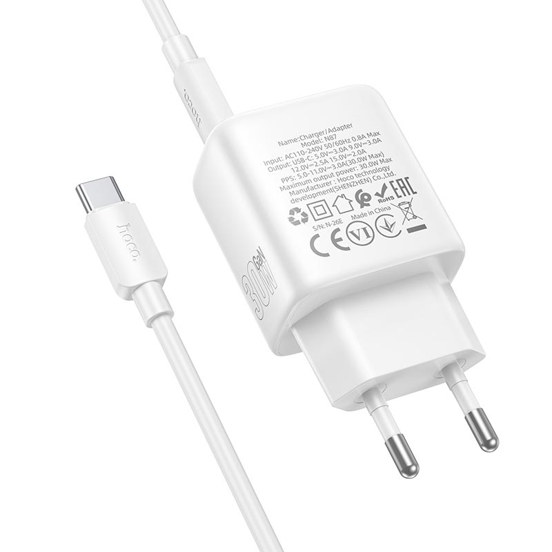 Адаптер мережевий HOCO Seguro single port charger set with cable N87 |1Type-C, PD30W/QC, 3A, C to C 1m| white (6942007687317) Білий на малюнкі №7