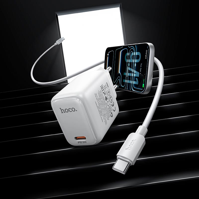 Адаптер мережевий HOCO Seguro single port charger set with cable N87 |1Type-C, PD30W/QC, 3A, C to C 1m| white (6942007687317) Білий на малюнкі №9
