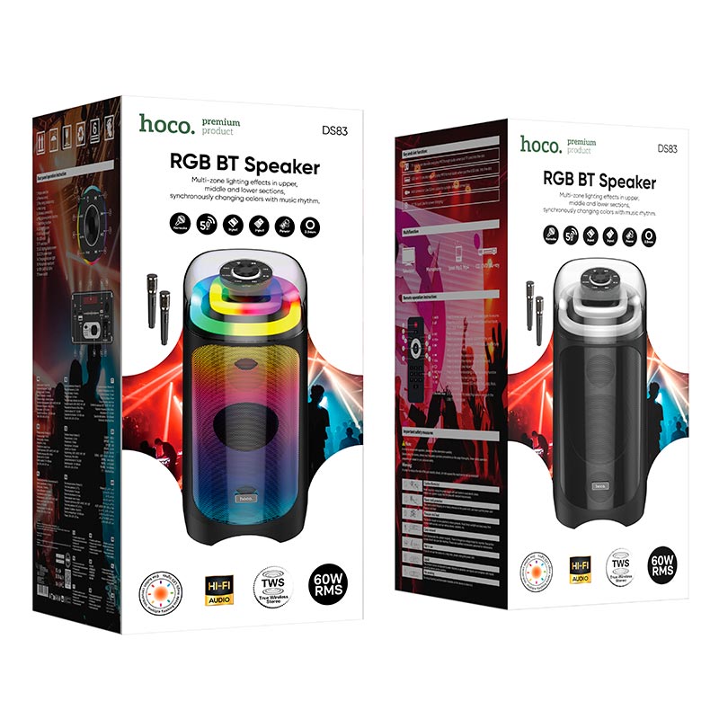 Акустика-караоке HOCO Genial BT speaker with 2 microphones DS83 |BT5.0, USB/TF/AUX/FM/TWS, 60W, 3-4h, RGB, 2mic| black (85320) Черный на картинке №3