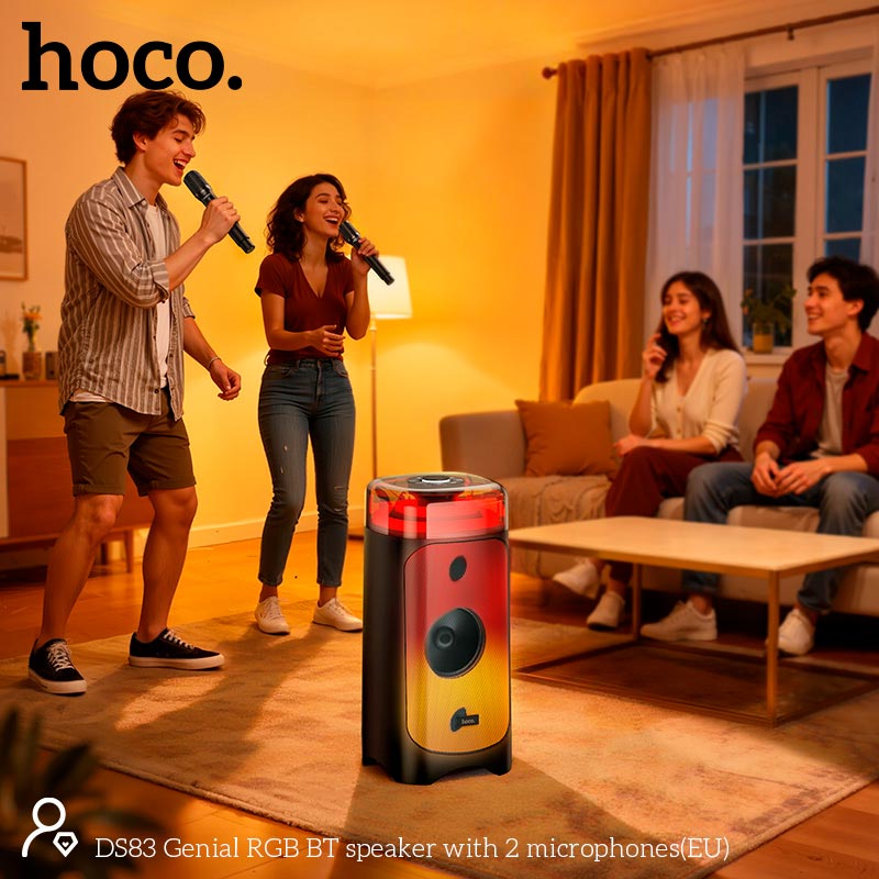 Акустика-караоке HOCO Genial BT speaker with 2 microphones DS83 |BT5.0, USB/TF/AUX/FM/TWS, 60W, 3-4h, RGB, 2mic| black (85320) Черный на картинке №8