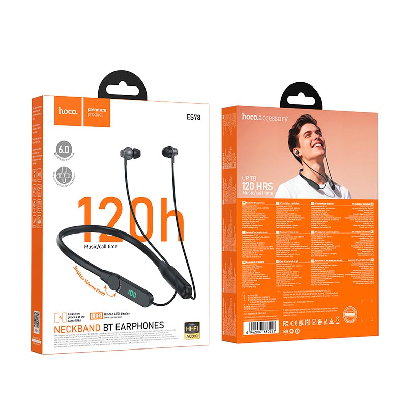 Наушники HOCO Naya neck-mounted BT earphones ES78 |BT6.0, LED Display, 120h| black (6942007680523) Черный на картинке №3