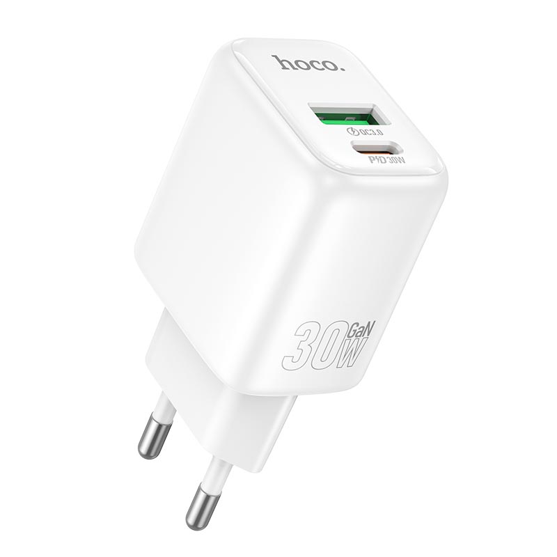 Адаптер сетевой HOCO Seguro charger N88 |1Type-C/1USB, PD30W/QC3.0, 3A| white (6942007687324) Белый на картинке №1