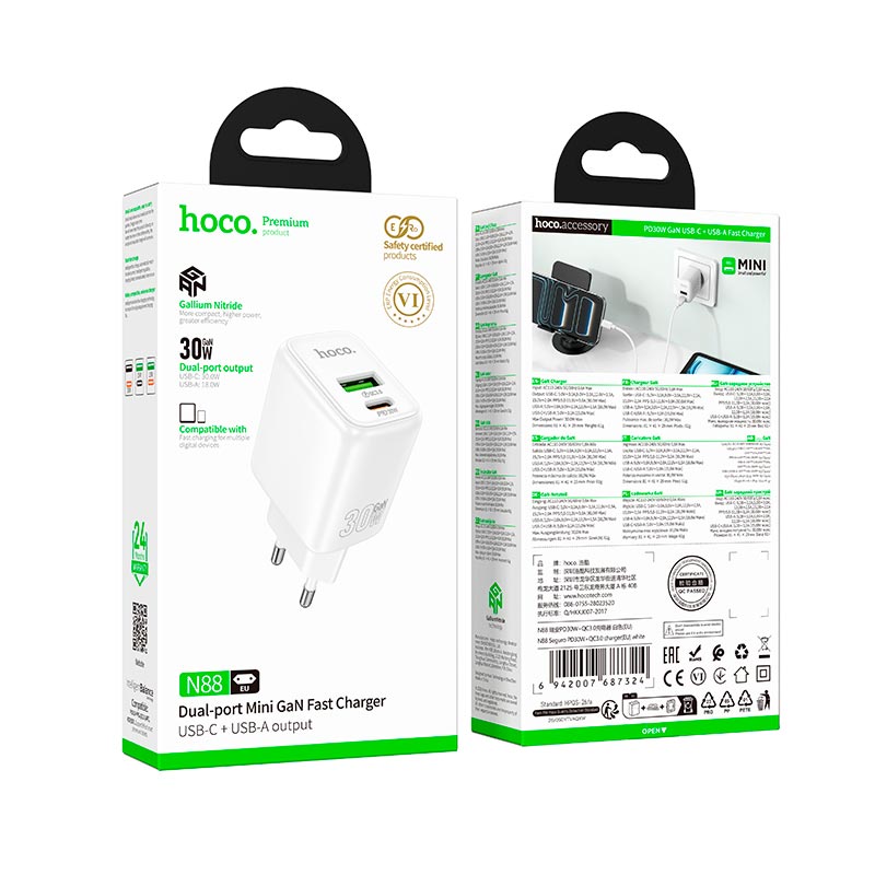 Адаптер сетевой HOCO Seguro charger N88 |1Type-C/1USB, PD30W/QC3.0, 3A| white (6942007687324) Белый на картинке №3