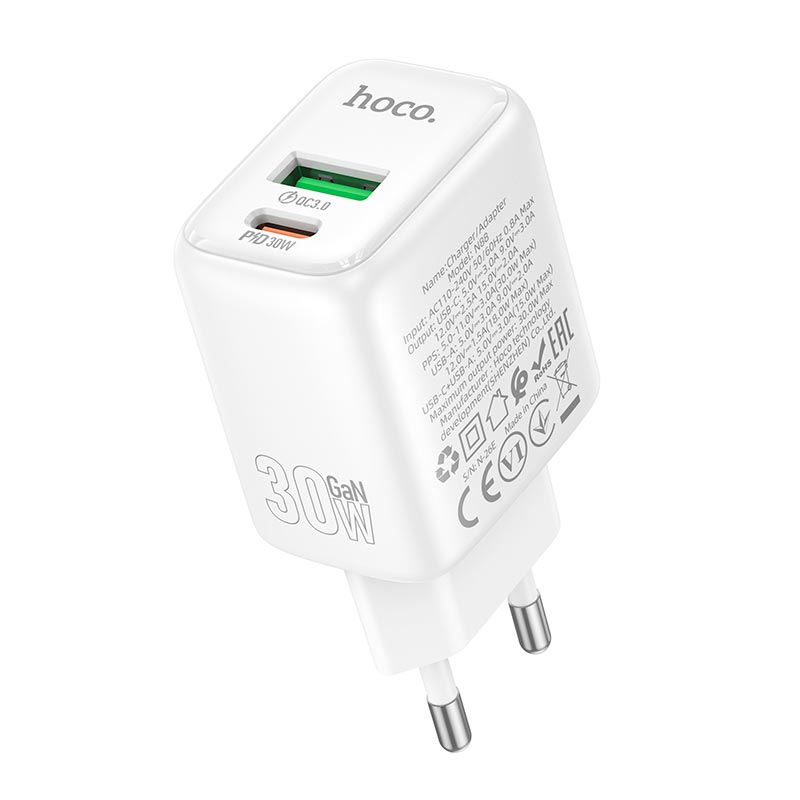 Адаптер сетевой HOCO Seguro charger N88 |1Type-C/1USB, PD30W/QC3.0, 3A| white (6942007687324) Белый на картинке №6