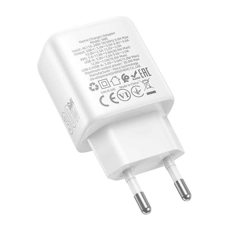 Адаптер сетевой HOCO Seguro charger N88 |1Type-C/1USB, PD30W/QC3.0, 3A| white (6942007687324) Белый на картинке №7