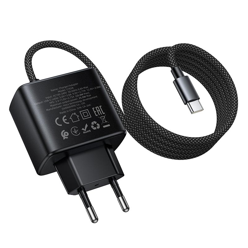 Адаптер сетевой HOCO New charger with Type-C cable C163A |25W/3A, PD3.0/QC| black (6942007680325) Черный на картинке №10