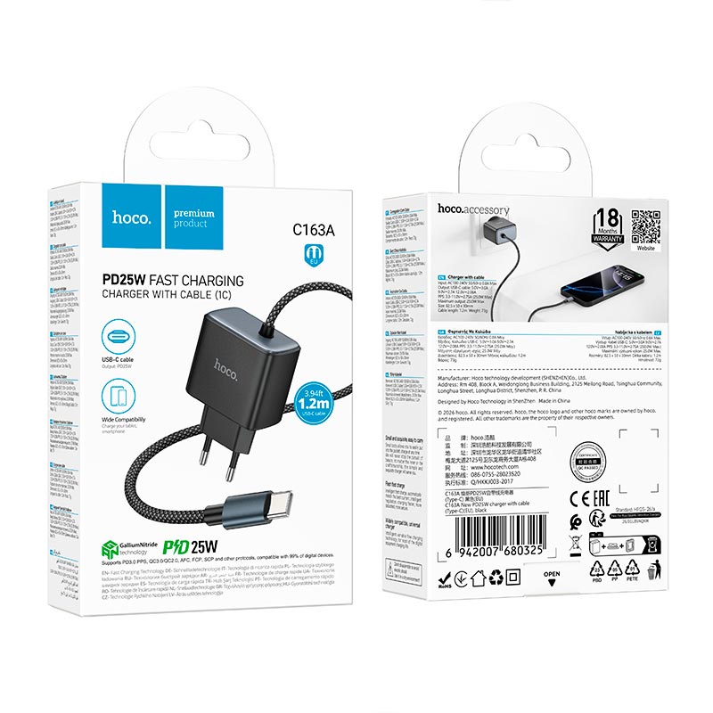 Адаптер сетевой HOCO New charger with Type-C cable C163A |25W/3A, PD3.0/QC| black (6942007680325) Черный на картинке №3