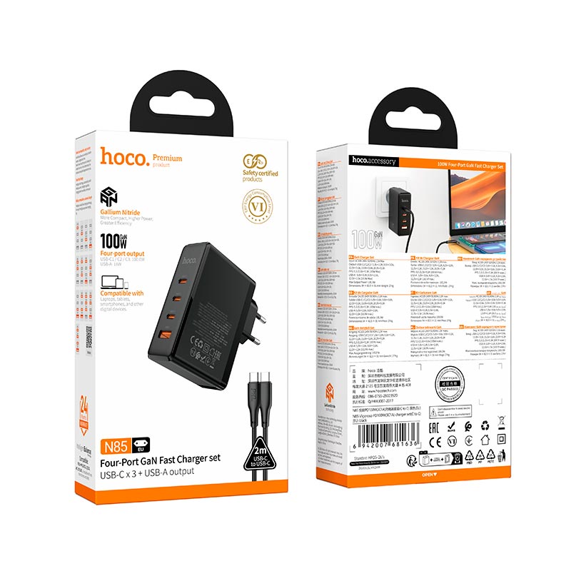 Адаптер мережевий HOCO Vigoroso charger N85 |3C/1A, 100W/3A, PD/QC| black (6942007681629) Чорний на малюнкі №3