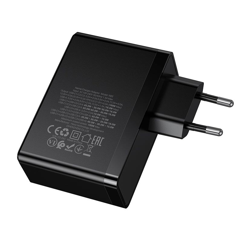 Адаптер мережевий HOCO Vigoroso charger N85 |3C/1A, 100W/3A, PD/QC| black (6942007681629) Чорний на малюнкі №4