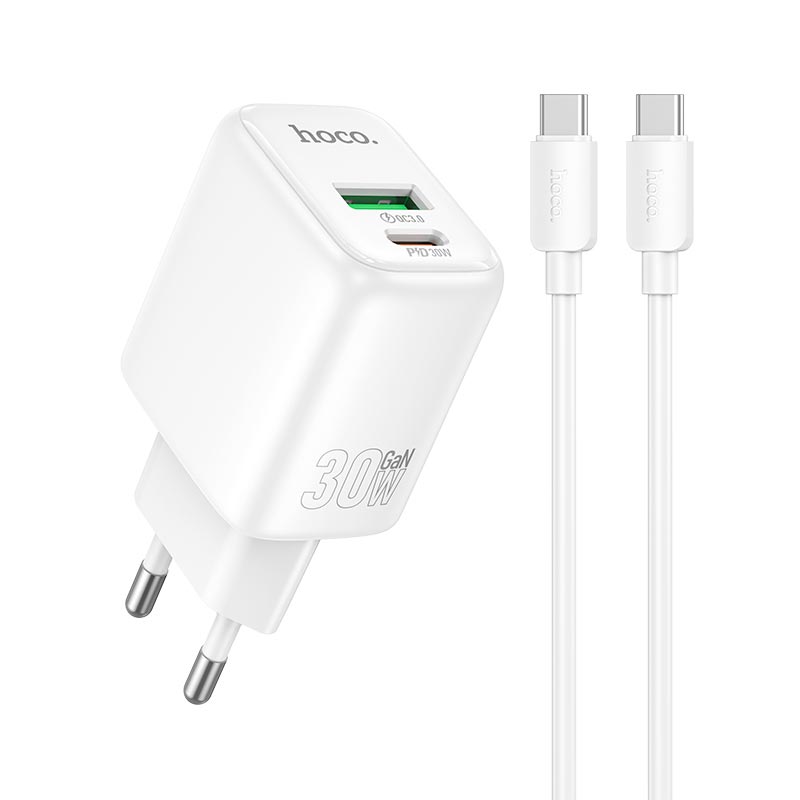 Адаптер мережевий HOCO Seguro charger set with cable N88 |1Type-C/1USB, PD30W/QC3.0, 3A, C to C 1m| white (6942007687331) Білий на малюнкі №1