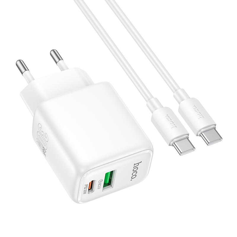 Адаптер мережевий HOCO Seguro charger set with cable N88 |1Type-C/1USB, PD30W/QC3.0, 3A, C to C 1m| white (6942007687331) Білий на малюнкі №5