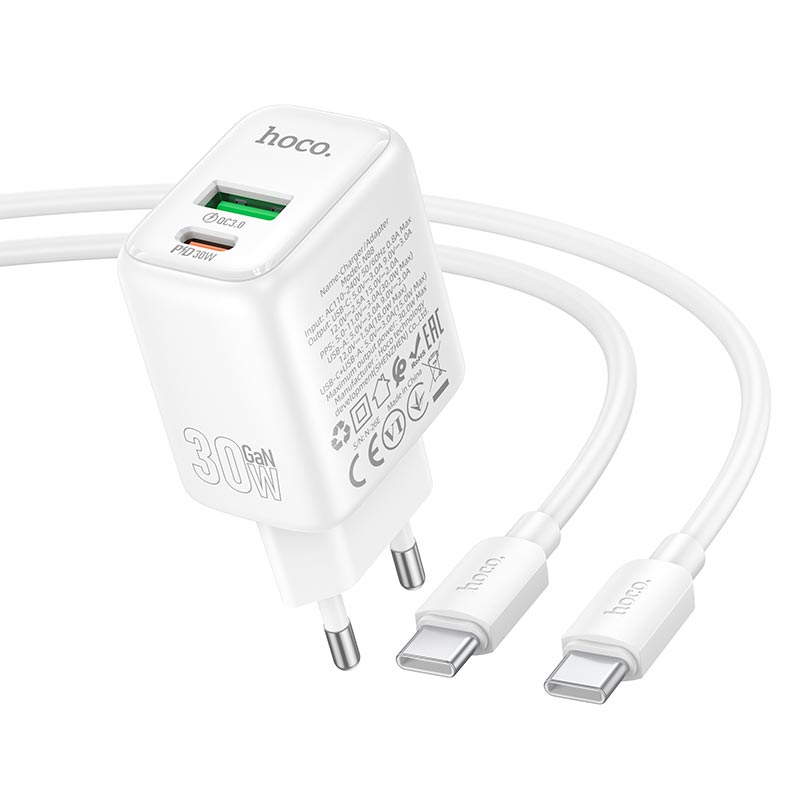 Адаптер мережевий HOCO Seguro charger set with cable N88 |1Type-C/1USB, PD30W/QC3.0, 3A, C to C 1m| white (6942007687331) Білий на малюнкі №6