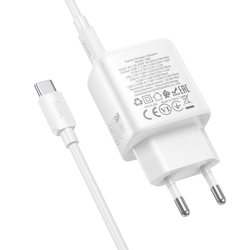 Адаптер мережевий HOCO Seguro charger set with cable N88 |1Type-C/1USB, PD30W/QC3.0, 3A, C to C 1m| white (6942007687331) Білий на малюнкі №7