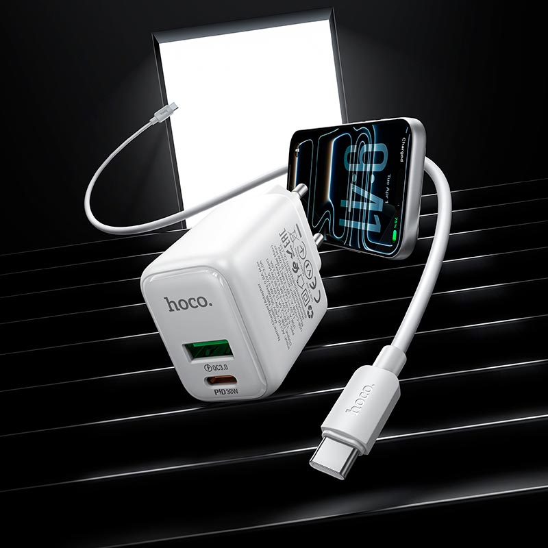 Адаптер мережевий HOCO Seguro charger set with cable N88 |1Type-C/1USB, PD30W/QC3.0, 3A, C to C 1m| white (6942007687331) Білий на малюнкі №9