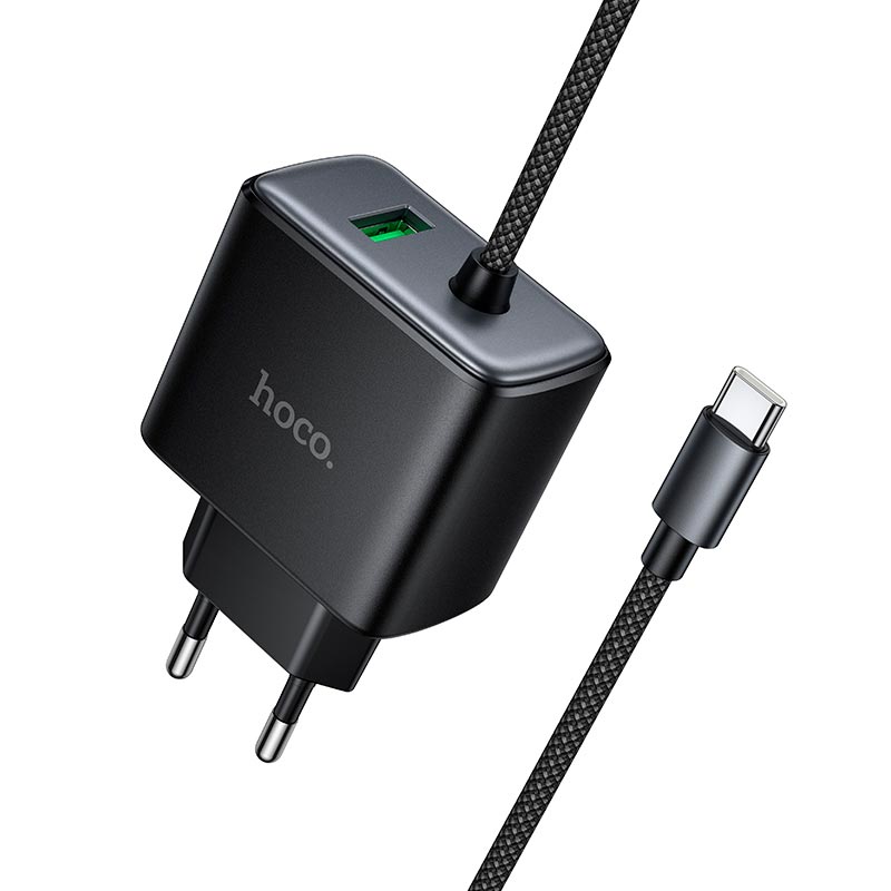 Адаптер сетевой HOCO New charger with Type-C cable C164A |1USB, 30W/3A, PD/QC| black (6942007680332) Черный на картинке №2