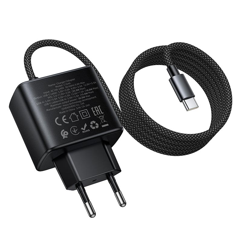 Адаптер сетевой HOCO New charger with Type-C cable C164A |1USB, 30W/3A, PD/QC| black (6942007680332) Черный на картинке №5