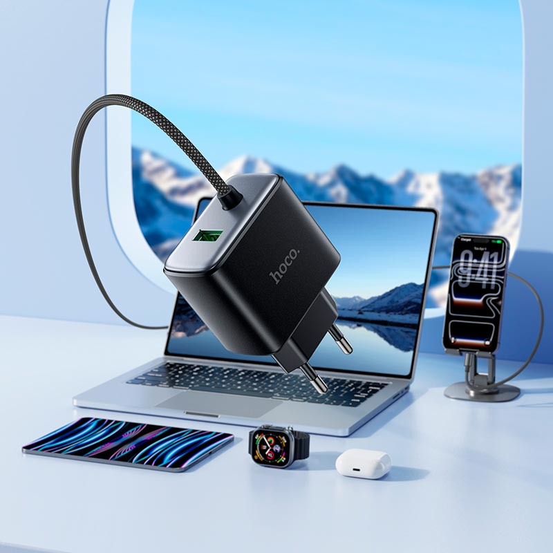 Адаптер сетевой HOCO New charger with Type-C cable C164A |1USB, 30W/3A, PD/QC| black (6942007680332) Черный на картинке №6
