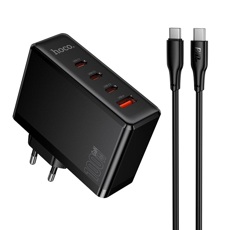 Адаптер мережевий HOCO Vigoroso charger C to C cable set N85 |3C/1A, 100W/3A, PD/QC| black (6942007681636) Чорний на малюнкі №2