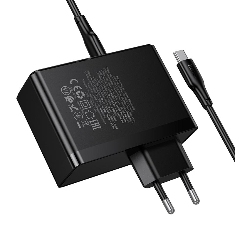 Адаптер мережевий HOCO Vigoroso charger C to C cable set N85 |3C/1A, 100W/3A, PD/QC| black (6942007681636) Чорний на малюнкі №5