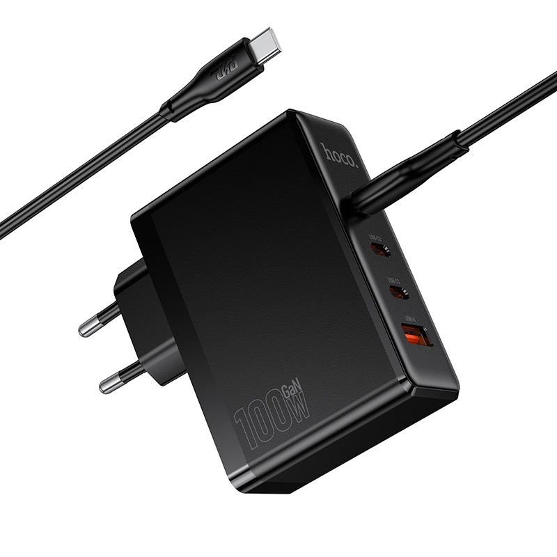 Адаптер мережевий HOCO Vigoroso charger C to C cable set N85 |3C/1A, 100W/3A, PD/QC| black (6942007681636) Чорний на малюнкі №6