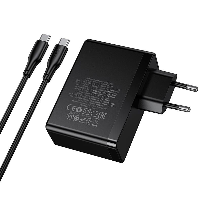 Адаптер мережевий HOCO Vigoroso charger C to C cable set N85 |3C/1A, 100W/3A, PD/QC| black (6942007681636) Чорний на малюнкі №7