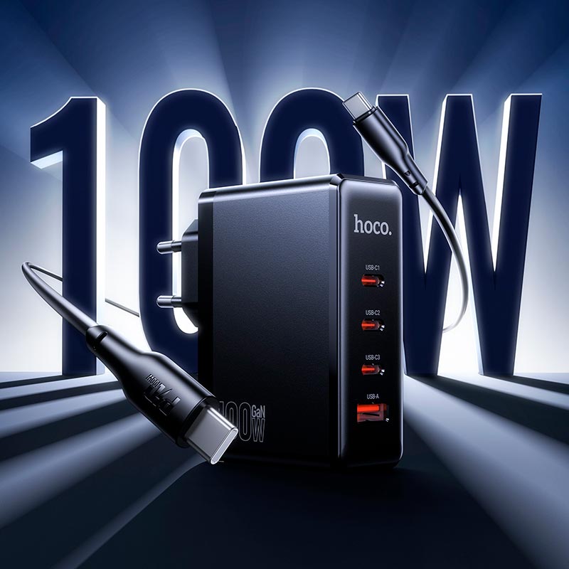 Адаптер мережевий HOCO Vigoroso charger C to C cable set N85 |3C/1A, 100W/3A, PD/QC| black (6942007681636) Чорний на малюнкі №8