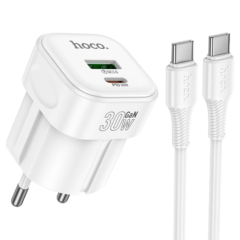 Адаптер мережевий HOCO Surpass charger set with cable C167A |1Type-C/1USB, PD30W/QC3.0, 3A, C to C 1m| white (6942007686136) Білий на малюнкі №1
